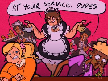 1girl 4boys alternate_costume angry annoyed apron arm_hair arms_on_table artist_name back_bow bead_necklace beads black_dress black_gloves black_hair blonde_hair blue_eyes bottle bow bowie_(total_drama) bracelet brown_eyes brown_hair can chase_(total_drama) chest_hair choker clenched_teeth coffee commentary constricted_pupils crossdressing crossdressing_(mtf) cup dark-skinned_male dark_skin disgust dress drink_can duster ear_piercing earrings emma_(total_drama) english_commentary english_text enmaided facial_hair feather_duster frilled_apron frilled_choker frilled_gloves frills frown gloves goatee_stubble green_eyes hair_ornament hair_scrunchie half-closed_eyes hand_on_own_hip high_ponytail highres holding holding_cup holding_tray imminent_vomiting jewelry leg_hair looking_at_another low_ponytail maid maid_apron maid_headdress male_focus male_maid multiple_boys multiple_earrings naughty_face necklace open_mouth orange_sweater pearl_necklace piercing pink_background pink_nails pink_scrunchie ponytail puffy_short_sleeves puffy_sleeves purple_shirt purple_vest ripper_(total_drama) scrunchie seductive_smile shirt short_sleeves sick signature smile soda soda_bottle soda_can stubble stud_earrings sweater teeth tooblindtizzy tooth_gap total_drama tray very_dark_skin vest watermark white_apron white_shirt wide-eyed wince zee_(total_drama)