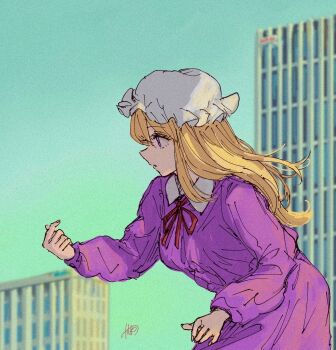 1girl blonde_hair building collared_dress commentary_request cowboy_shot day dress from_side hat highres kashiwada_kiiho long_hair long_sleeves maribel_hearn mob_cap neck_ribbon outdoors parted_lips purple_dress purple_eyes red_ribbon ribbon signature skyscraper touhou white_hat