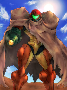 1girl arm_cannon armor assault_visor blue_sky cloak cloud commentary_request desert full_armor green_visor highres metroid nintendo power_armor power_suit_(metroid) samus_aran sky sun wakaba_(wata_ridley) weapon