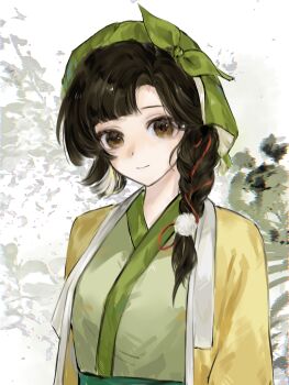 Rule 34 | 1girl, absurdres, black hair, braid, brown eyes, chinese clothes, chinese commentary, closed mouth, commentary request, green hanfu, green headscarf, hanfu, headscarf, highres, jacket, looking at viewer, mayfly (reverse:1999), mingqi jiangjiangjiang, plant, reverse:1999, single braid, smile, solo, upper body, white background, yellow jacket