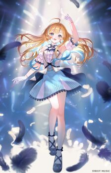 1girl :d ahoge animal arm_up bare_shoulders bird black_shoes blonde_hair blue_eyes blue_hair blue_skirt blue_streaks blurry blurry_background bow bowtie bracelet center-flap_bangs colored_inner_hair commentary_request copyright_name copyright_notice detached_sleeves falling_petals full_body gloves high_heels highres jewelry long_hair looking_at_viewer momoshiki_tsubaki multicolored_hair official_art open_mouth petals puffy_short_sleeves puffy_sleeves riot_music shirakawa_shirase shoes short_sleeves skirt smile solo streaked_hair virtual_youtuber white_bow white_bowtie white_gloves white_sleeves