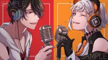 1boy 1girl bare_shoulders black_gloves black_hair blush collarbone collared_shirt commentary_request detached_sleeves fang gloves hair_ornament hair_over_one_eye hairpin headphones highres holding holding_microphone hood hoodie levi_elipha levi_elipha_(1st_costume) looking_to_the_side male_focus microphone moxamog multiple_boys necktie nijisanji one_eye_closed open_mouth orange_background orange_necktie portrait purple_eyes red_background red_eyes red_shirt rgb_lights sample_watermark shirt short_hair sleeveless sleeveless_shirt teeth virtual_youtuber watermark white_hair white_hoodie white_shirt yumeoi_kakeru yumeoi_kakeru_(1st_costume)