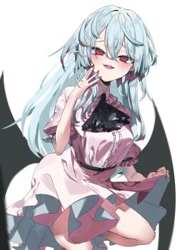 1girl absurdres alternate_breast_size_(larger) alternate_hair_length alternate_hairstyle ascot bat_wings belt black_ascot black_belt blue_hair blush breasts buttons collared_dress commentary dress fang frilled_dress frills hair_between_eyes hand_on_own_face highres knees lace large_breasts long_hair muraryo open_mouth pointy_ears puffy_short_sleeves puffy_sleeves purple_dress red_eyes red_nails remilia_scarlet short_sleeves simple_background sleeve_garter slit_pupils solo thighs touhou vampire white_background wings