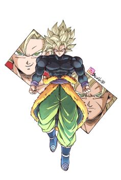 3boys absurdres beatlo_(rodrigo38658978) blonde_hair broly_(dragon_ball_super) dragon_ball dragon_ball_super dragon_ball_super_broly earrings full_body fusion green_pants highres jewelry medium_hair multiple_boys muscular muscular_male pants potara_earrings simple_background solo_focus son_goku spiked_hair super_saiyan super_saiyan_1 white_background