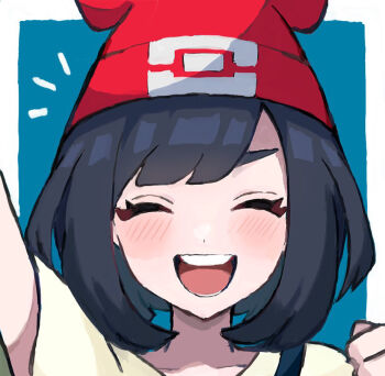 1girl :d beanie black_hair blush closed_eyes facing_viewer hat nintendo open_mouth poke_ball_theme pokemon pokemon_sm red_hat selene_(pokemon) shirt short_hair short_sleeves smile solo teeth user_rvny3882 yellow_shirt