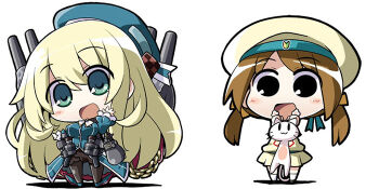 10s 2girls akaneya atago_(kancolle) bad_id bad_pixiv_id blonde_hair blue_eyes brown_hair cat chibi error_musume girl_holding_a_cat_(kancolle) jacket kantai_collection long_hair military_jacket multiple_girls pantyhose personification pleated_skirt school_uniform serafuku shoshinsha_mark skirt twintails white_background