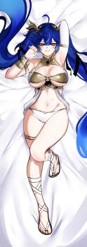 Rule 34 | 1girl, absurdres, ahoge, alternate breast size (larger), arm up, armlet, armpits, bare shoulders, bed sheet, blue eyes, blue hair, blush, breasts, closed mouth, commentary, commission, english commentary, gold bra, hand up, highres, iuno (wuthering waves), jewelry, large breasts, laurel crown, looking at viewer, lying, multicolored hair, navel, naykainaw, on back, on bed, panties, smile, solo, stomach, streaked hair, tacet mark (wuthering waves), twintails, underwear, vambraces, white panties, wuthering waves