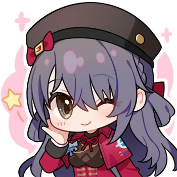 1girl artist_request black_hair chibi chibi_only commentary_request girls&#039;_frontline girls&#039;_frontline_2:_exilium hat highres lewis_(girls&#039;_frontline) lewis_(girls&#039;_frontline_2) looking_at_viewer official_art one_eye_closed red_ribbon ribbon second-party_source solo transparent_background upper_body