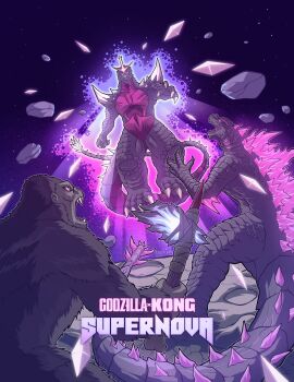 alien ape aura axe battle_axe bone bone_axe bone_weapon claws crater crest crossover crystal english_text facial_scar fangs floating floating_object flying gills glowing glowing_axe glowing_eyes glowing_gills glowing_spikes glowing_weapon godzilla godzilla_(monsterverse) godzilla_(series) godzilla_evolved godzilla_x_kong:_supernova gorilla horns kaiju king_kong king_kong&#039;s_battle_axe king_kong_(series) legendary_pictures levitation meteor monsterverse moon no_humans no_pupils orange_eyes pink_eyes psychic_powers scar scar_on_cheek scar_on_face sharp_teeth shoulder_spikes sky space space_monster spacegodzilla spiked_tail spikes star_(sky) starry_sky tail teeth thagomizer thomdotartz toho weapon white_eyes