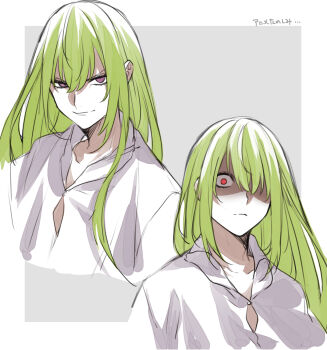 1boy commentary_request constricted_pupils enkidu_(fate) fate/grand_order fate_(series) green_hair hair_over_one_eye highres kingu_(fate) light_frown long_hair male_focus purple_eyes red_eyes robe shaded_face smile tofu_(bean359) translation_request white_robe