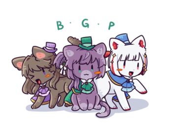 Rule 34 | > o, animal, animalization, ascot, blue ascot, blue hat, blunt bangs, blush stickers, bob cut, brown cat, cat, clothed animal, colored inner hair, commentary, fujishima megumi, green ascot, green eyes, green hat, hat, inverted bob, kiruzzy, link! like! love live!, love live!, love live! hasu no sora jogakuin school idol club bloom garden party, lowres, mini hat, mini top hat, multicolored hair, multiple cats, no humans, one eye closed, otomune kozue, purple ascot, purple cat, purple eyes, purple hair, purple hat, red eyes, red hair, short hair, simple background, streaked hair, symbol-only commentary, top hat, white background, white hair, yugiri tsuzuri