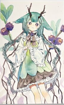 Rule 34 | 1girl, :<, animal ears, artist name, black dress, black ribbon, blush, braid, breasts, bright pupils, brown horns, closed mouth, dot nose, dress, feet out of frame, frilled dress, frilled sleeves, frills, full body, gradient hair, green dress, green hair, hands up, head tilt, highres, horns, komerina, leaf, long hair, long sleeves, looking at viewer, low twin braids, multicolored dress, multicolored hair, neck ribbon, original, own hands clasped, own hands together, painting (medium), plant, purple eyes, ribbon, short dress, sidelocks, small breasts, solo, standing, traditional media, twin braids, very long hair, watercolor (medium), white background, white dress, wide sleeves