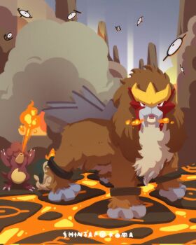 Rule 34 | brown fur, claws, commentary, cyndaquil, english commentary, entei, fangs, fire, floating, gen 2 pokemon, highres, lava, legendary pokemon, magby, mane, nintendo, no humans, one-eyed, open mouth, pokemon, pokemon (creature), pokemon focus, red eyes, shintarokuma, smoke, unown