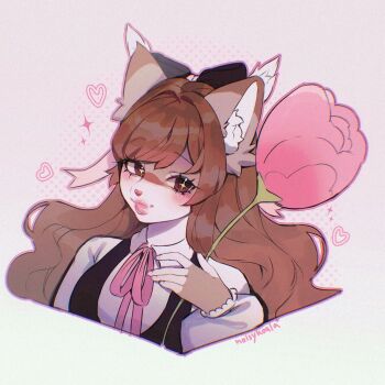 1girl animal_ears animal_nose artist_name black_bow black_vest border bow brown_eyes cat_ears cat_girl collared_shirt colored_skin commentary commission cropped_arm cropped_torso english_commentary flower four-pointed_star furry furry_female gradient_background hair_bow halftone halftone_background heart highres holding holding_flower light_blush light_smile looking_to_the_side lynx multicolored_skin neck_ribbon noisykoala original pink_border pink_flower pink_lips pink_ribbon pink_theme pink_tulip puffy_sleeves ribbon shirt sketch star-shaped_pupils star_(symbol) symbol-shaped_pupils thick_lips tulip two-tone_skin vest white_background white_shirt yellow_pupils