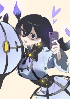 1girl bags_under_eyes black_corset black_hair black_ribbon breasts cellphone chandelier chandelure corset dress earrings fire gen_5_pokemon ghost grey_dress hair_between_eyes hex_maniac_(pokemon) hex_maniac_(pokemon_legends:_z-a) holding holding_phone jewelry juliet_sleeves large_breasts large_earrings long_hair long_sleeves neck_ribbon nintendo phone pokemon pokemon_(creature) pokemon_legends:_z-a puffy_sleeves purple_dress purple_eyes purple_fire purple_nails raine_(acke2445) ribbon sphere_earrings