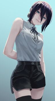 Rule 34 | 1girl, aqua background, arm behind back, black choker, black ribbon, black shorts, black thighhighs, blush, breasts, chainsaw man, choker, closed mouth, commentary request, cowboy shot, gradient background, green eyes, hair between eyes, hair bun, highres, kanopikami, long hair between eyes, looking at viewer, medium breasts, neck ribbon, purple hair, reze (chainsaw man), ribbon, shirt, shirt tucked in, short hair, short shorts, shorts, single hair bun, sleeveless, sleeveless shirt, solo, thighhighs, white shirt