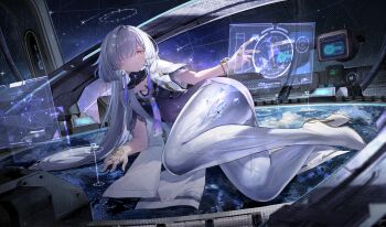 1girl absurdres breasts byx chinese_commentary colored_eyelashes commentary_request dress earrings hair_ornament hair_over_one_eye halo high_heels highres holographic_interface id_card jacket jewelry looking_at_viewer lying mornye_(wuthering_waves) on_side parted_lips purple_dress red_eyes see-through_body small_breasts solo tacet_mark_(wuthering_waves) triangle_earrings white_jacket wuthering_waves