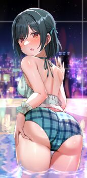 1girl ass ass_focus ass_support back bare_shoulders bent_over bikini blush breasts commentary_request dark_green_hair fang grabbing_own_ass green_bikini green_ribbon hair_ribbon hand_on_own_ass hand_on_window highres jewelry looking_at_viewer looking_back love_live! love_live!_nijigasaki_high_school_idol_club medium_breasts mifune_shioriko night open_mouth orange_eyes plaid_bikini plaid_clothes pool presenting ribbon ring shiitake_taishi shine short_hair sideboob skin_fang skindentation sky skyline solo star_(sky) starry_sky string_bikini swept_bangs swimsuit thighs water window