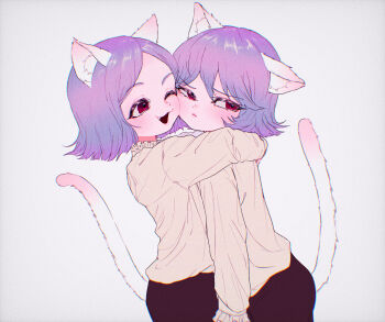 2girls animal_ear_fluff animal_ears averting_eyes cat_ears cat_girl cat_tail closed_mouth commentary_request double-parted_bangs fang highres hug long_sleeves looking_at_another looking_to_the_side multiple_girls okubatomaeba open_mouth original parted_bangs purple_hair red_eyes shirt short_hair simple_background tail white_background yellow_shirt