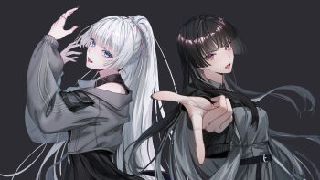 2girls absurdres back-to-back belt black_background black_belt black_hair black_jacket black_nails black_skirt blue_eyes blunt_bangs commentary finger_gun from_side grey_jacket grey_shirt grey_skirt high_ponytail highres jacket jewelry korean_commentary long_hair long_sleeves looking_at_viewer multiple_girls naeun open_clothes open_jacket open_mouth pointing pointing_at_viewer ponytail purucon red_eyes ring s3no shirt simple_background skirt smile upper_body very_long_hair video_thumbnail virtual_youtuber waktaverse white_hair youtube_video_thumbnail zipper