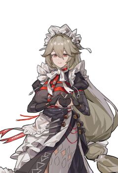 1girl absurdres alexandrina_sebastiane black_dress black_gloves breasts chinese_commentary commentary commentary_request cowboy_shot dress english_commentary gloves grey_hair hair_between_eyes hands_on_own_breasts hands_up heart heart_hands highres kkkaneko_1360685303 long_hair long_sleeves looking_at_viewer low-tied_long_hair maid maid_headdress mixed-sex_bathing neck_ribbon pantyhose pantyhose_cutout partially_fingerless_gloves puffy_sleeves red_eyes ribbon shared_bathing simple_background smile solo stake standing very_long_hair white_background white_pantyhose white_ribbon zenless_zone_zero