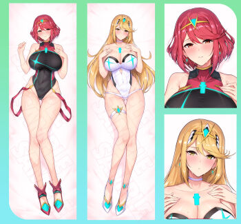 2girls breasts halcon highres large_breasts multiple_girls mythra_(radiant_beach)_(xenoblade) mythra_(xenoblade) pyra_(pro_swimmer)_(xenoblade) pyra_(xenoblade) swimsuit xenoblade_chronicles_(series) xenoblade_chronicles_2