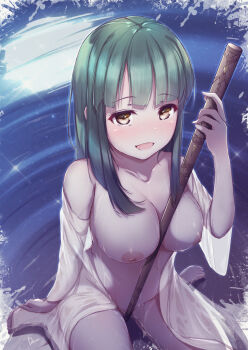 1girl :d between_breasts between_legs blunt_bangs breasts character_request collarbone commentary_request commission convenient_censoring dermar highres jikkyou_powerful_pro_yakyuu juban large_breasts long_hair looking_at_viewer nipples open_mouth pole power_pro_kun_pocket power_pro_kun_pocket_6 see-through_clothes shirt sidelocks signature sitting skeb_commission smile solo wariza wet wet_clothes white_shirt