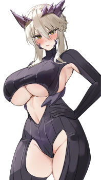 1girl absurdres artoria_pendragon_(fate) artoria_pendragon_(lancer_alter)_(fate) black_bodysuit blonde_hair blush bodysuit braid breasts center_opening commentary_request fate/grand_order fate_(series) hair_between_eyes highres horns large_breasts long_hair looking_at_viewer marumai navel revealing_clothes ribbed_bodysuit sidelocks solo thighs underboob yellow_eyes
