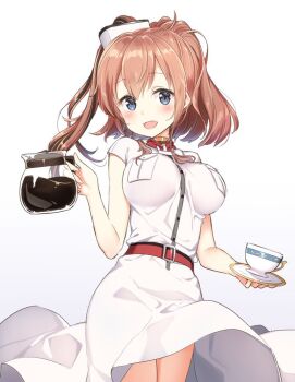 10s 1girl :d anchor belt blue_eyes blush breast_pocket breasts brown_hair coffee coffee_pot commentary_request cowboy_shot cup disposable_cup dress female_focus hair_between_eyes high_side_ponytail kantai_collection large_breasts looking_at_viewer masuishi_kinoto open_mouth pocket saratoga_(kancolle) shima_(shima_je) side_ponytail smile solo teacup white_background white_dress