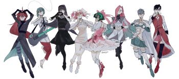 2boys four-finger_heart_hands 6+girls absurdres akemi_homura akemi_homura_(cosplay) akemi_homura_(magical_girl) alien_stage asymmetrical_gloves barefoot black_coat black_dress black_footwear black_gloves black_hair black_pantyhose black_shirt blowing_kiss blue_hair blue_skirt bob_cut clothing_cutout coat commentary cosplay dress english_commentary full_body gloves grey_hair grey_pants half-heart_hands heart heart_arms heart_hands highres ivan_(alien_stage) ivan_(alien_stage)_(cosplay) juliet_sleeves kaname_madoka kaname_madoka_(cosplay) kaname_madoka_(magical_girl) long_hair long_sleeves mahou_shoujo_madoka_magica middle_finger miki_sayaka miki_sayaka_(cosplay) miki_sayaka_(magical_girl) mizi_(alien_stage) mizi_(alien_stage)_(cosplay) multiple_boys multiple_girls off-shoulder_dress off_shoulder pants pantyhose pink_dress pink_hair pink_shoes ponytail puffy_short_sleeves puffy_sleeves purple_skirt red_dress red_footwear red_hair red_pants sakura_kyoko sakura_kyoko_(cosplay) sakura_kyoko_(magical_girl) shirt shoes short_hair short_sleeves shoulder_cutout simple_background skirt sleeveless sleeveless_dress socks sqwigeon sua_(alien_stage) sua_(alien_stage)_(cosplay) till_(alien_stage) till_(alien_stage)_(cosplay) twintails uneven_gloves very_long_hair very_short_hair white_background white_dress white_footwear white_shirt white_socks
