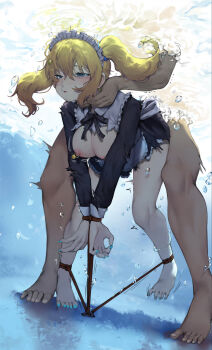 1boy 1girl absurdres air_bubble apron asphyxiation barefoot bdsm blonde_hair blue_eyes blush bondage bound bound_wrists bubble commission drowning frills half-closed_eyes hayasaka_ai hetero highres holding_breath kaguya-sama_wa_kokurasetai_~tensai-tachi_no_renai_zunousen~ maid maid_apron nipple_piercing peril piercing puffy_cheeks rape restrained rou_(rou22) second-party_source sex sex_from_behind strangling torn_clothes twintails underwater
