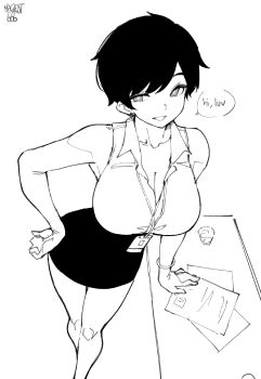 1girl bangle bare_legs bare_shoulders black_hair bracelet breasts cleavage collarbone collared_shirt english_text from_above grin hand_on_own_hip highres id_card jewelry lanyard leaning_on_table leaning_to_the_side looking_at_viewer monochrome norman_maggot office_lady olive_laurentia original pencil_skirt pixie_cut shirt simple_background sketch skirt sleeveless sleeveless_shirt smile solo speech_bubble swept_bangs wing_collar