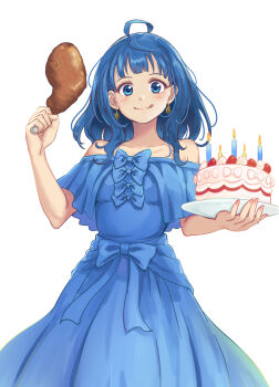 1girl adapted_costume ahoge alternate_costume bare_shoulders birthday_cake blue_bow blue_bowtie blue_eyes blue_hair blush boned_meat bow bowtie cake candle closed_mouth collarbone commentary_request dress earrings food hands_up highres holding holding_cake holding_food jewelry long_dress looking_at_viewer make_heroine_ga_oo_sugiru! meat medium_hair off-shoulder_dress off_shoulder short_sleeves simple_background solo standing toyosora white_background yanami_anna