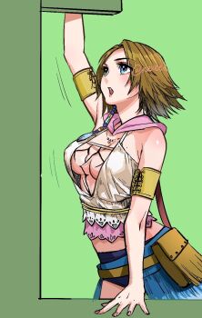 1girl arm_support arm_up bag breasts cleavage covered_erect_nipples detached_hood final_fantasy final_fantasy_x final_fantasy_x-2 green_background hair_ornament heterochromia highres medium_breasts nexeee no_bra satchel short_hair short_shorts shorts showgirl_skirt solo yuna_(ff10)