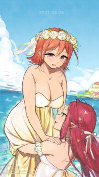 2girls blue_eyes bow breasts cleavage cloud collarbone dated dress hair_behind_ear hair_bow highres holding_person jewelry kaname_buccaneer large_breasts long_hair macross macross_delta medium_hair mirage_farina_jenius multiple_girls necklace ocean open_mouth pointy_ears ponytail purple_eyes red_hair sasanoneko sketch sky white_bow white_dress wife_and_wife yuri