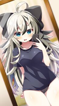 1girl absurdres ahoge akaneya arm_behind_back black_bow black_hair black_panties black_shirt blonde_hair blue_eyes bow breasts cameltoe collarbone hair_between_eyes hair_bow hand_up highres holding holding_phone indie_virtual_youtuber large_breasts long_hair looking_at_mirror looking_at_viewer mello_mutinus_(vtuber) mirror mirror_selfie multicolored_hair open_mouth panties phone second-party_source selfie shirt short_sleeves solo t-shirt thigh_gap thighs underwear wide_hips