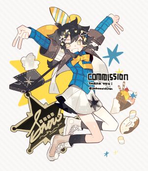 1girl :d bag black_socks blue_shirt boots bow bowtie braid brown_boots commission crepe diagonal-striped_background donut double-parted_bangs double_v food full_body grey_background hair_between_eyes hair_bow highres long_sleeves looking_at_viewer meimei_(wakamoid) open_mouth original outstretched_arms pleated_skirt shirt skirt smile socks solo striped_background thank_you twin_braids twitter_username v white_skirt yellow_bow yellow_bowtie yellow_eyes