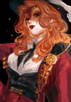 1girl black_background black_corset black_eyes black_hat black_neckerchief burn_scar closed_mouth coat corset curly_hair earrings fedora flower genderswap genderswap_(mtf) half_mask hand_on_own_hip hat hat_feather highres hoop_earrings identity_v jewelry lipstick long_hair long_sleeves looking_at_viewer makeup mask mask_over_one_eye neckerchief norton_campbell norton_campbell_(ronald_of_nice) open_clothes open_coat orange_hair red_coat red_lips red_mask redcurses rose scar shirt simple_background solo symbol-shaped_pupils upper_body white_shirt x-shaped_pupils yellow_flower yellow_rose