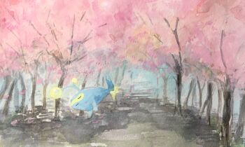 cherry_blossoms closed_eyes closed_mouth fish flying_fish gen_2_pokemon highres lanturn mint_nappa nintendo no_humans outdoors painting_(medium) path pokemon pokemon_(creature) road scenery spring_(season) traditional_media tree watercolor_(medium)