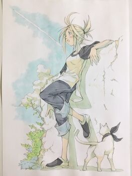 1girl animal arm_rest bandana bandana_around_neck black_bandana black_pants black_shirt black_shoes blonde_hair blue_sky cat clothed_animal cloud commentary_request contrail crack cracked_wall foot_against_wall highres leaning_back looking_afar open_mouth original outdoors pants pants_rolled_up peter_salt plant ponytail raglan_sleeves shirt shoes short_ponytail sky smile solo traditional_media white_cat yellow_eyes