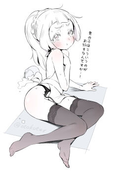 1girl :t alternate_costume apron arm_support ass blush body_blush braid closed_mouth commentary cup feet garter_belt garter_straps leaning_to_the_side lillie_(pokemon) liquid long_hair nintendo pokemon pokemon_sm ponytail ponytail_with_braided_base raised_eyebrows sitting solo spill sweat ter_(otokoter) thighhighs translated