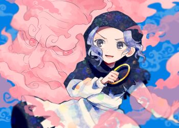 1boy 1girl bald blue_hair commentary_request dress facial_hair grey_eyes holding_hoop hood hood_up itomugi-kun kumoi_ichirin long_sleeves looking_at_another looking_to_the_side mustache open_mouth short_hair touhou unzan white_dress