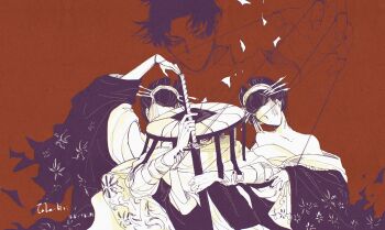 1boy 2girls absurdres bare_shoulders cloak collarbone dated faceless faceless_female hair_ornament hairpin hat highres holding holding_sword holding_weapon japanese_clothes kagurabachi kanzashi katana kimono kumeyuri_(sword) limited_palette looking_at_viewer male_focus multiple_girls multiple_hairpins nihongami off_shoulder oiran projected_inset puppet_strings puppeteering red_background sandogasa sheath sheathed short_eyebrows short_hair signature straight-on sword uruha_youji weapon whalebone_1022