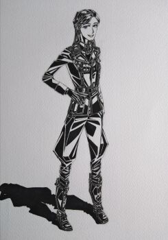 1girl absurdres belt boots bordfunker133 collar_tabs commentary_request cross friedrich_rumpelhardt full_body genderswap genderswap_(mtf) gloves greyscale grin hand_on_own_hip highres iron_cross jacket long_hair looking_at_viewer luftwaffe military military_uniform monochrome original pants photo_(medium) real_life rumpelhardt-chan_(bordfunker133) shoulder_boards simple_background smile soldier solo standing white_background world_war_ii