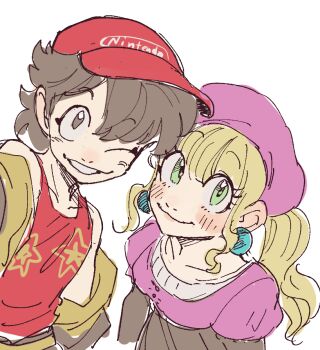 Rule 34 | 1boy, 1girl, baseball cap, beret, blonde hair, blush, brown eyes, brown hair, dancho no mori, diddy kong, dixie kong, donkey kong (series), donkey kong country, earrings, green eyes, grin, hat, jacket, jacket on shoulders, jewelry, long hair, looking at viewer, looking up, nintendo, off shoulder, one eye closed, personification, ponytail, sketch, smile, tank top, white background