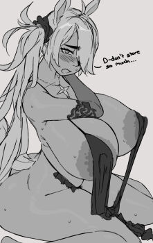 1girl ahoge animal_ears black_gloves commentary dark_skin elbow_gloves english_commentary english_text gloves hair_ornament hair_over_one_eye hair_scrunchie highres horse_ears horse_tail jewelry large_areolae monochrome necklace original revealing_clothes roresu scrunchie side_ponytail sitting tail thick_eyebrows tsurime wariza