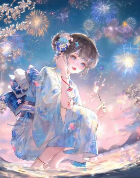 1girl aerial_fireworks anklet barefoot blue_eyes blue_flower blue_kimono blush bracelet brown_hair closed_mouth fireworks floral_print flower full_body hair_bun hair_flower hair_ornament highres holding japanese_clothes jewelry kimono large_variant_set lips looking_at_viewer makeup night night_sky obi original outdoors print_kimono sash short_hair single_hair_bun sky smile solo sparkler squatting variant_set water white_kimono wide_sleeves xixizi