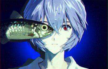 1girl ayanami_rei blue_background blue_hair bob_cut close-up closed_mouth expressionless fish gradient_background highres kuhuku36 looking_at_viewer neon_genesis_evangelion red_eyes shadow short_hair solo wet wet_hair