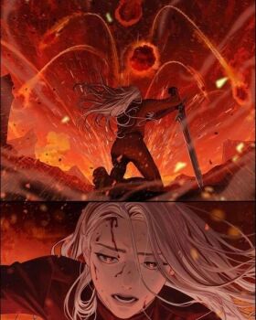 1girl black_shirt blackbox_(blackbox9158) blood blood_from_forehead brown_eyes embers front_and_back full_body heavy_breathing jung_heewon kneeling long_hair meteor_shower mountainous_horizon official_art omniscient_reader's_viewpoint open_mouth planted planted_sword planted_weapon red_theme serious shirt sword third-party_source weapon white_hair