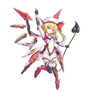 1girl absurdres alternate_costume alternate_headwear alternate_wings arm_up ascot beret black_gloves blonde_hair blush boots breasts closed_mouth commentary_request detached_wings fingerless_gloves flandre_scarlet full_body gloves groin hat highres holding holding_weapon laevatein_(touhou) large_variant_set mechanical_wings moaikeidai2 multicolored_wings navel one_side_up red_boots red_eyes science_fiction small_breasts smile solo tachi-e thigh_boots touhou transparent_background variant_set weapon white_hat wings yellow_ascot